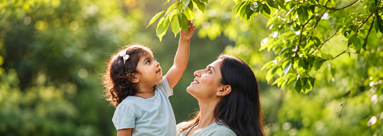 Mother and child amid lush greenery