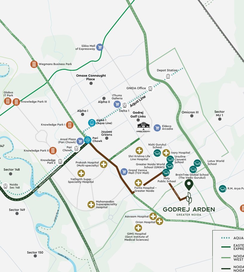 Location map of Godrej Arden, Sigma 3 Greater Noida, with nearby hospitals, schools, malls and metro